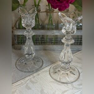 Set of 2 Pressed glass tulip sunburst ribbed candleholders. 7 1/4" H‎ x 3 1/2"